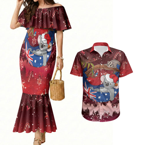 Aussie Festive Koala Christmas Couples Matching Mermaid Dress and Hawaiian Shirt Koala-ty Time Flag Hammock Red Style
