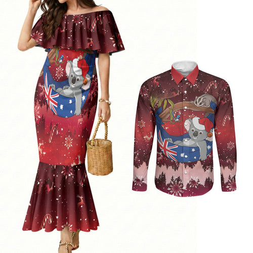 Aussie Festive Koala Christmas Couples Matching Mermaid Dress and Long Sleeve Button Shirt Koala-ty Time Flag Hammock Red Style