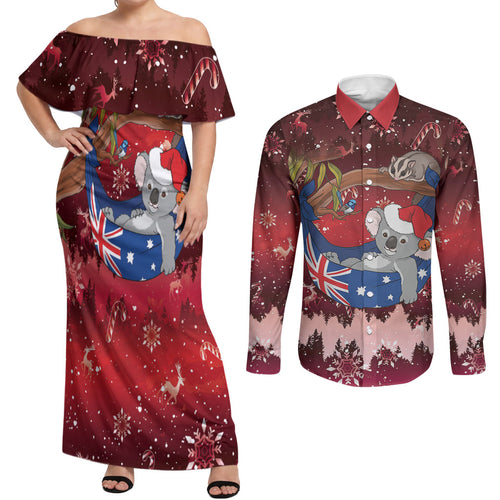 Aussie Festive Koala Christmas Couples Matching Off Shoulder Maxi Dress and Long Sleeve Button Shirt Koala-ty Time Flag Hammock Red Style