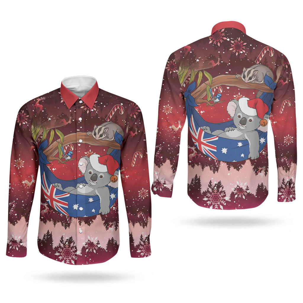 Aussie Festive Koala Christmas Couples Matching Off Shoulder Maxi Dress and Long Sleeve Button Shirt Koala-ty Time Flag Hammock Red Style