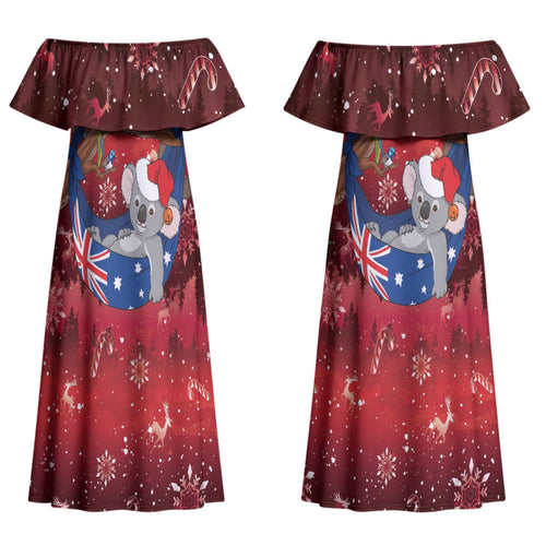 Aussie Festive Koala Christmas Couples Matching Off Shoulder Maxi Dress and Long Sleeve Button Shirt Koala-ty Time Flag Hammock Red Style