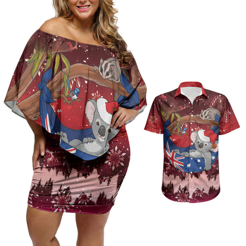 Aussie Festive Koala Christmas Couples Matching Off Shoulder Short Dress and Hawaiian Shirt Koala-ty Time Flag Hammock Red Style