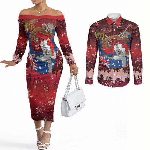 Aussie Festive Koala Christmas Couples Matching Off The Shoulder Long Sleeve Dress and Long Sleeve Button Shirt Koala-ty Time Flag Hammock Red Style