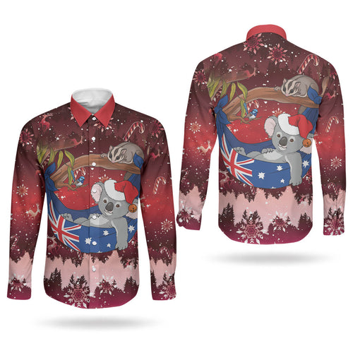 Aussie Festive Koala Christmas Couples Matching Off The Shoulder Long Sleeve Dress and Long Sleeve Button Shirt Koala-ty Time Flag Hammock Red Style