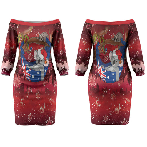 Aussie Festive Koala Christmas Couples Matching Off The Shoulder Long Sleeve Dress and Long Sleeve Button Shirt Koala-ty Time Flag Hammock Red Style
