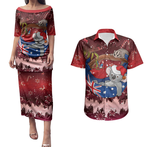 Aussie Festive Koala Christmas Couples Matching Puletasi and Hawaiian Shirt Koala-ty Time Flag Hammock Red Style