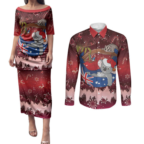 Aussie Festive Koala Christmas Couples Matching Puletasi and Long Sleeve Button Shirt Koala-ty Time Flag Hammock Red Style