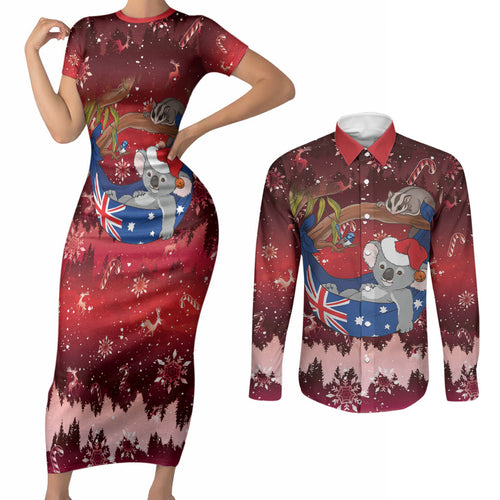 Aussie Festive Koala Christmas Couples Matching Short Sleeve Bodycon Dress and Long Sleeve Button Shirt Koala-ty Time Flag Hammock Red Style