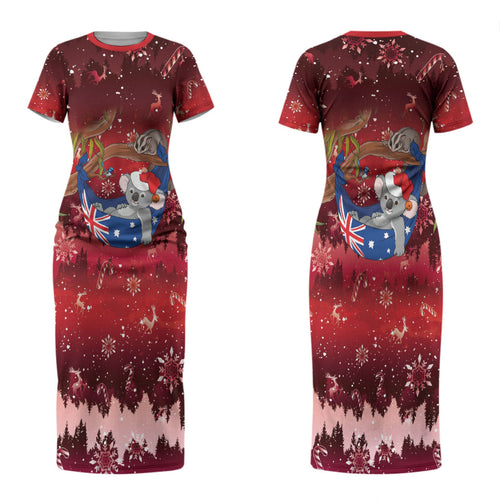 Aussie Festive Koala Christmas Couples Matching Short Sleeve Bodycon Dress and Long Sleeve Button Shirt Koala-ty Time Flag Hammock Red Style