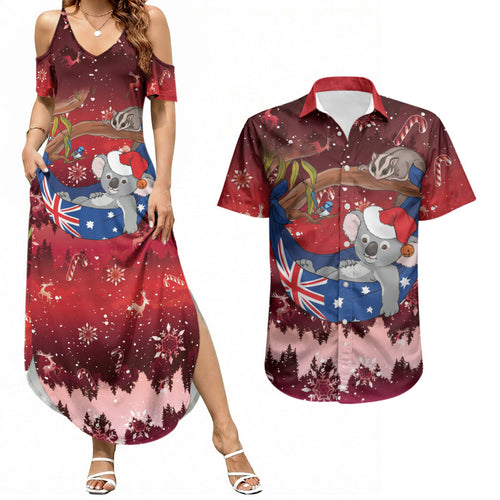 Aussie Festive Koala Christmas Couples Matching Summer Maxi Dress and Hawaiian Shirt Koala-ty Time Flag Hammock Red Style