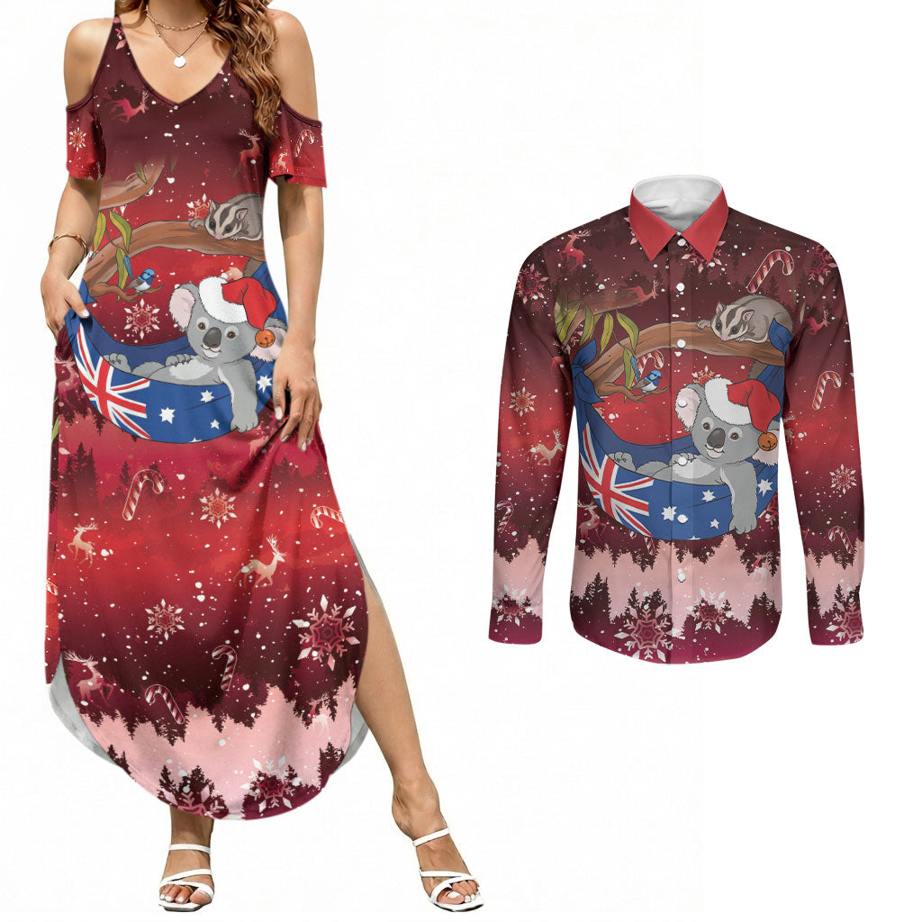 Aussie Festive Koala Christmas Couples Matching Summer Maxi Dress and Long Sleeve Button Shirt Koala-ty Time Flag Hammock Red Style