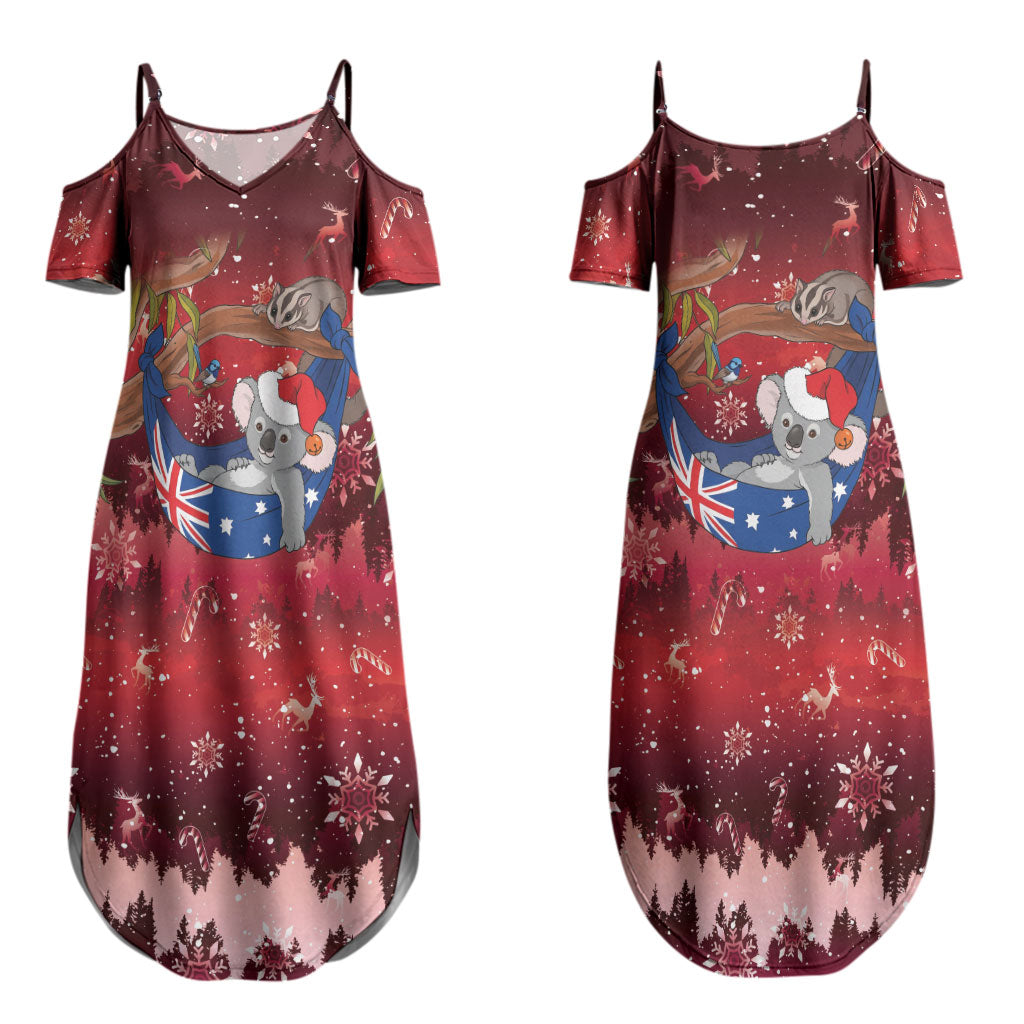Aussie Festive Koala Christmas Couples Matching Summer Maxi Dress and Long Sleeve Button Shirt Koala-ty Time Flag Hammock Red Style