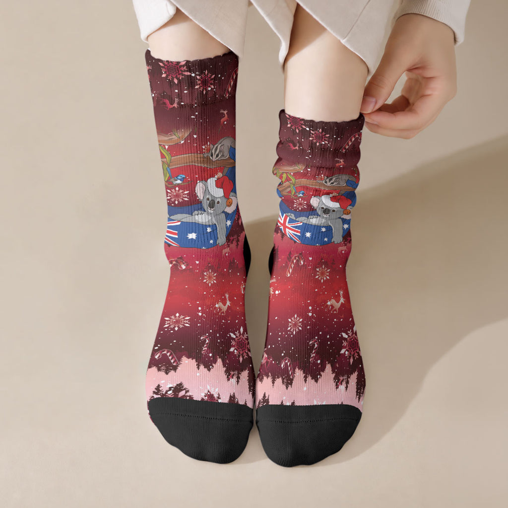 Aussie Festive Koala Christmas Crew Socks Koala-ty Time Flag Hammock Red Style