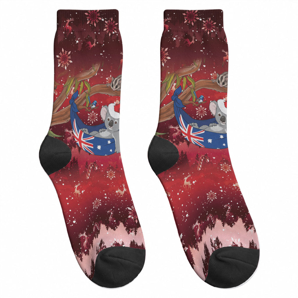 Aussie Festive Koala Christmas Crew Socks Koala-ty Time Flag Hammock Red Style