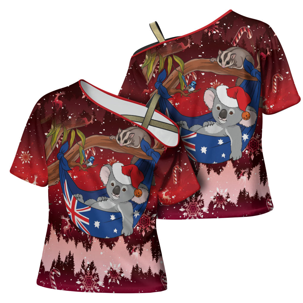 Aussie Festive Koala Christmas Cross Shoulder Shirt Koala-ty Time Flag Hammock Red Style