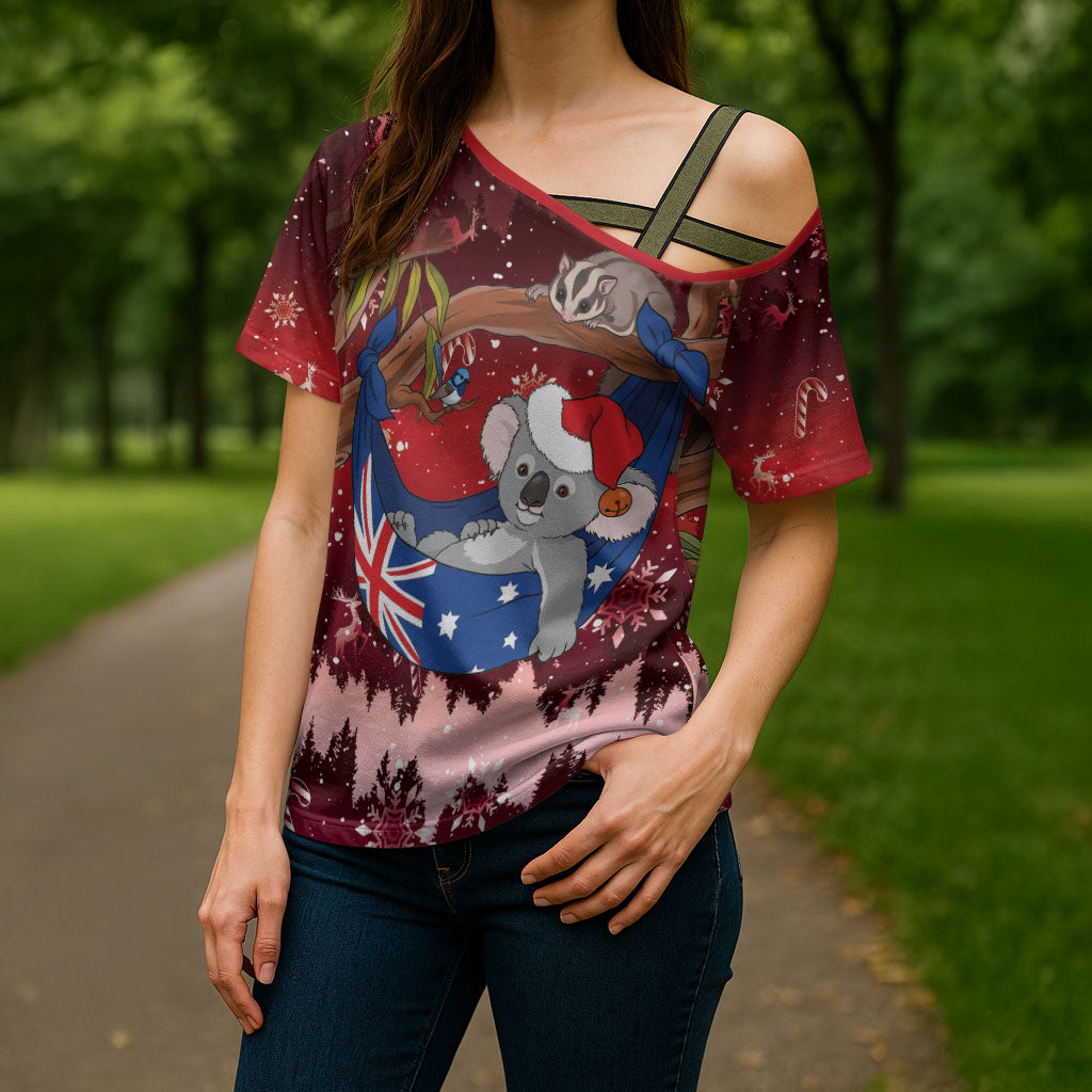 Aussie Festive Koala Christmas Cross Shoulder Shirt Koala-ty Time Flag Hammock Red Style