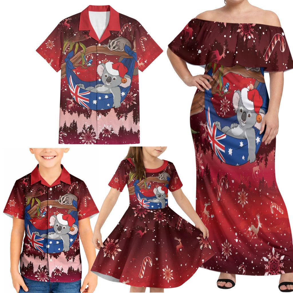 Aussie Festive Koala Christmas Family Matching Off Shoulder Maxi Dress and Hawaiian Shirt Koala-ty Time Flag Hammock Red Style