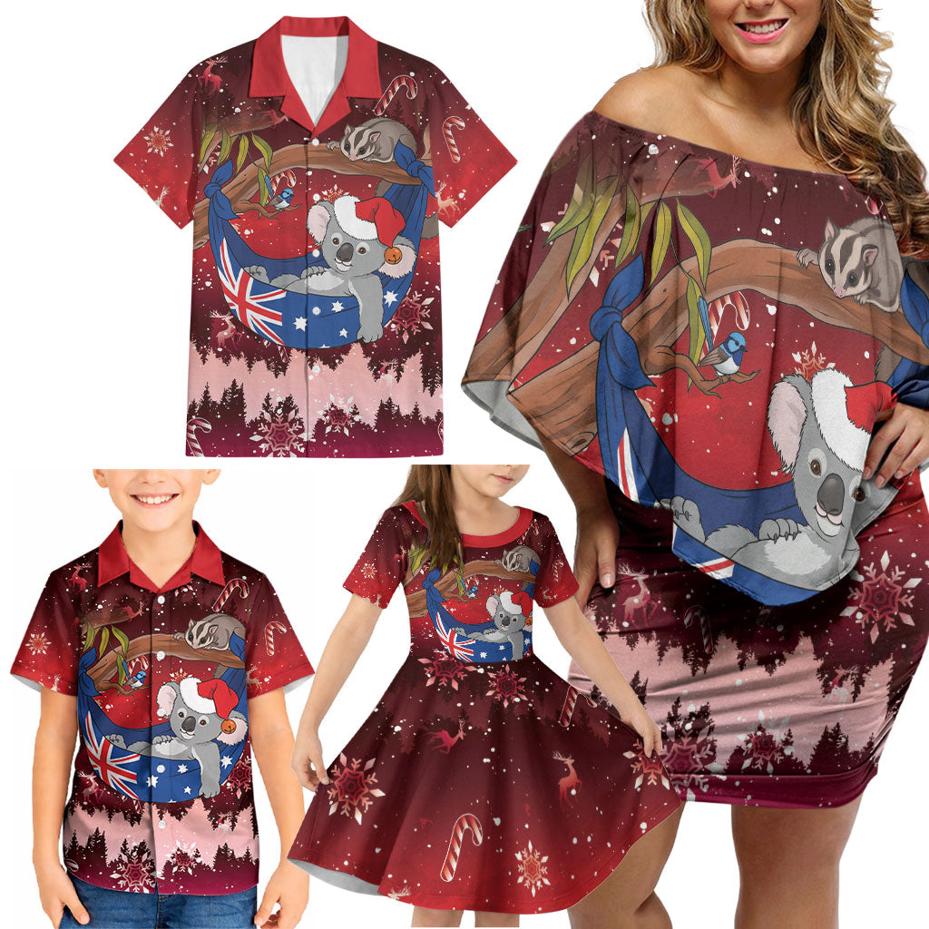 Aussie Festive Koala Christmas Family Matching Off Shoulder Short Dress and Hawaiian Shirt Koala-ty Time Flag Hammock Red Style