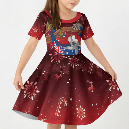 Aussie Festive Koala Christmas Kid Short Sleeve Dress Koala-ty Time Flag Hammock Red Style