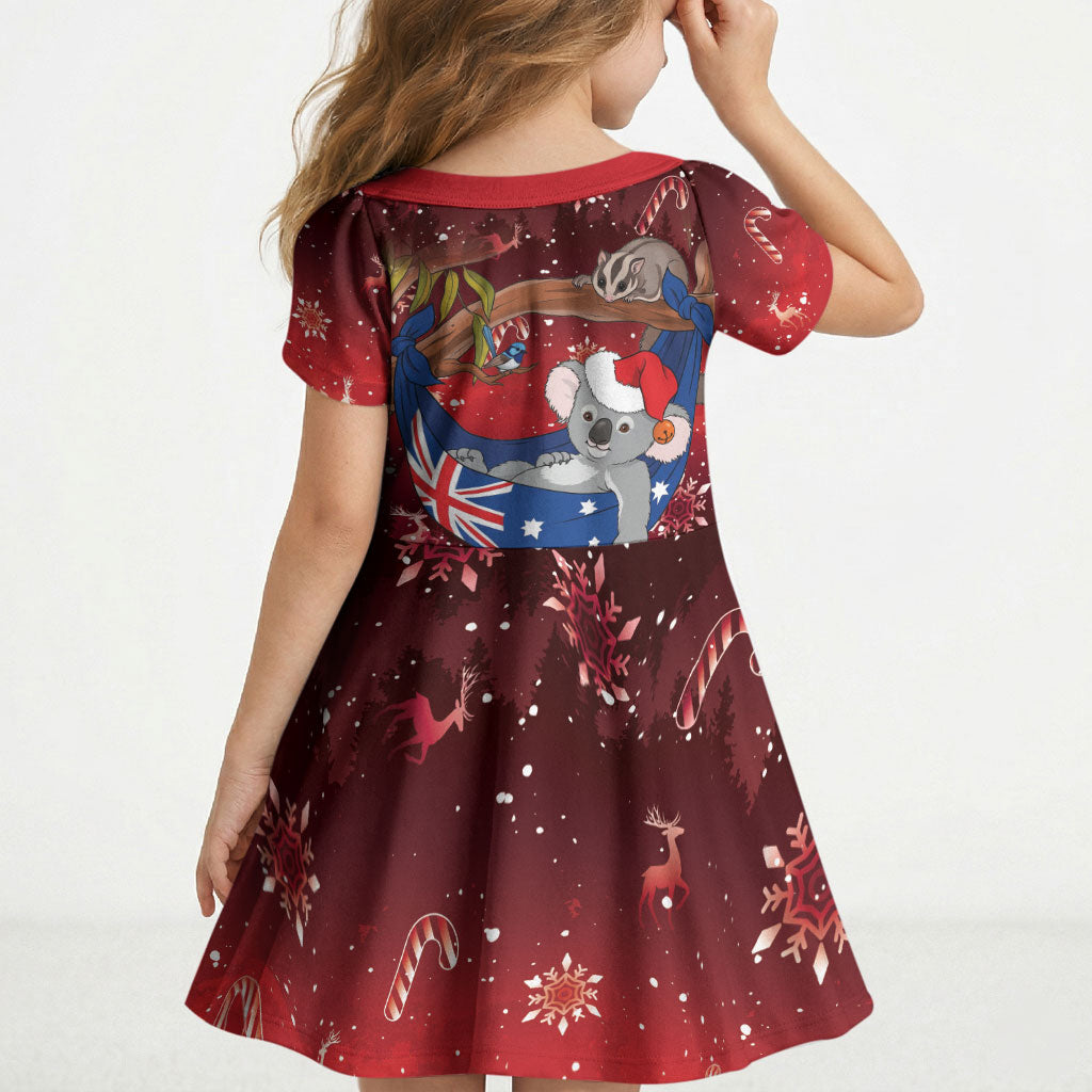 Aussie Festive Koala Christmas Kid Short Sleeve Dress Koala-ty Time Flag Hammock Red Style