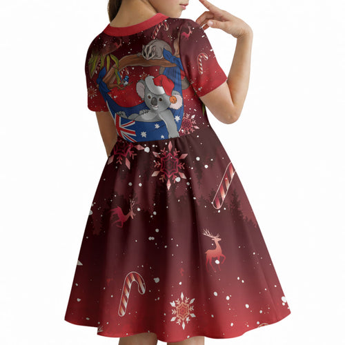 Aussie Festive Koala Christmas Kid Short Sleeve Dress Koala-ty Time Flag Hammock Red Style