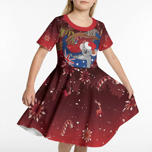 Aussie Festive Koala Christmas Kid Short Sleeve Dress Koala-ty Time Flag Hammock Red Style
