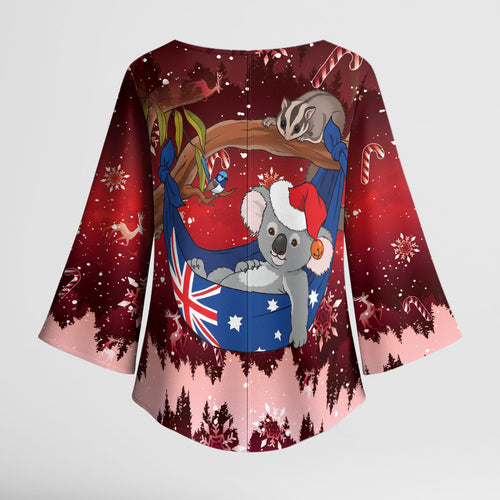 Aussie Festive Koala Christmas Kimono Sleeve Blouse Koala-ty Time Flag Hammock Red Style