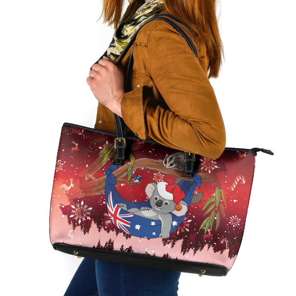 Aussie Festive Koala Christmas Leather Tote Bag Koala-ty Time Flag Hammock Red Style