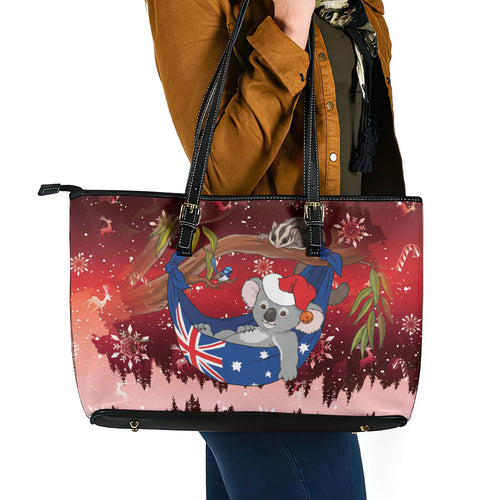 Aussie Festive Koala Christmas Leather Tote Bag Koala-ty Time Flag Hammock Red Style