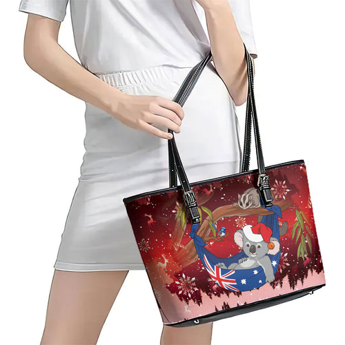 Aussie Festive Koala Christmas Leather Tote Bag Koala-ty Time Flag Hammock Red Style