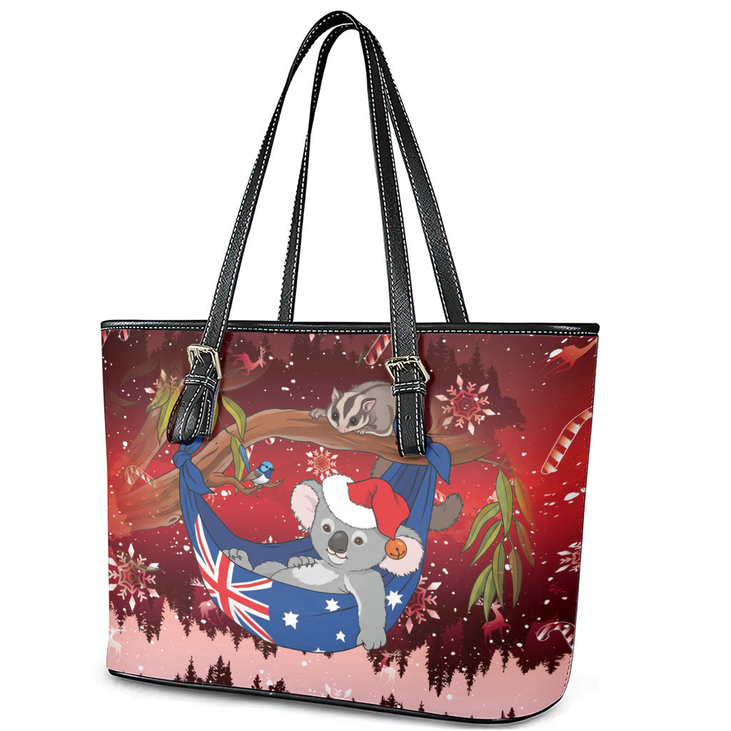 Aussie Festive Koala Christmas Leather Tote Bag Koala-ty Time Flag Hammock Red Style