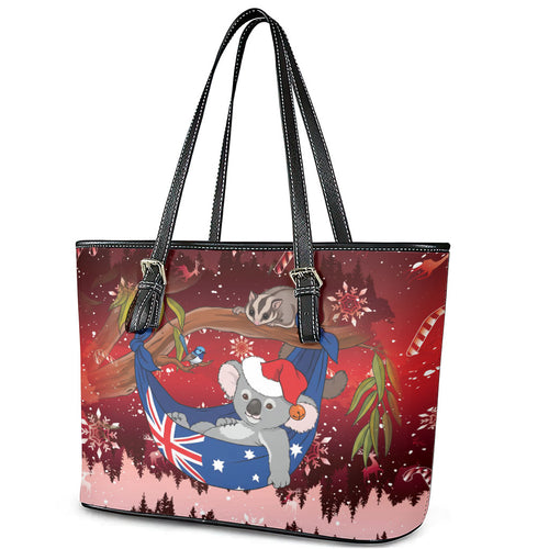 Aussie Festive Koala Christmas Leather Tote Bag Koala-ty Time Flag Hammock Red Style
