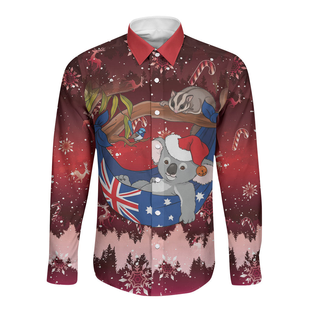 Aussie Festive Koala Christmas Long Sleeve Button Shirt Koala-ty Time Flag Hammock Red Style