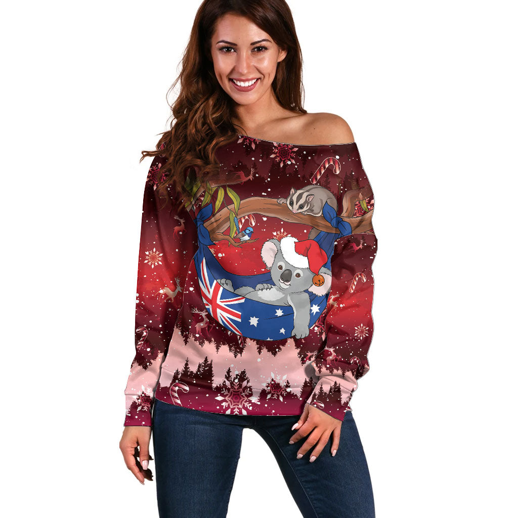 Aussie Festive Koala Christmas Off Shoulder Sweater Koala-ty Time Flag Hammock Red Style