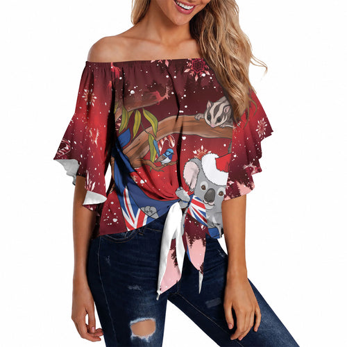 Aussie Festive Koala Christmas Off Shoulder Wrap Waist Top Koala-ty Time Flag Hammock Red Style
