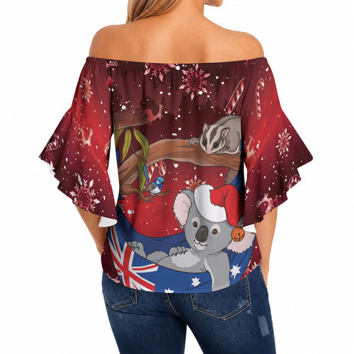 Aussie Festive Koala Christmas Off Shoulder Wrap Waist Top Koala-ty Time Flag Hammock Red Style