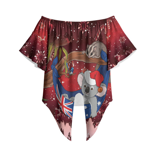 Aussie Festive Koala Christmas Off Shoulder Wrap Waist Top Koala-ty Time Flag Hammock Red Style