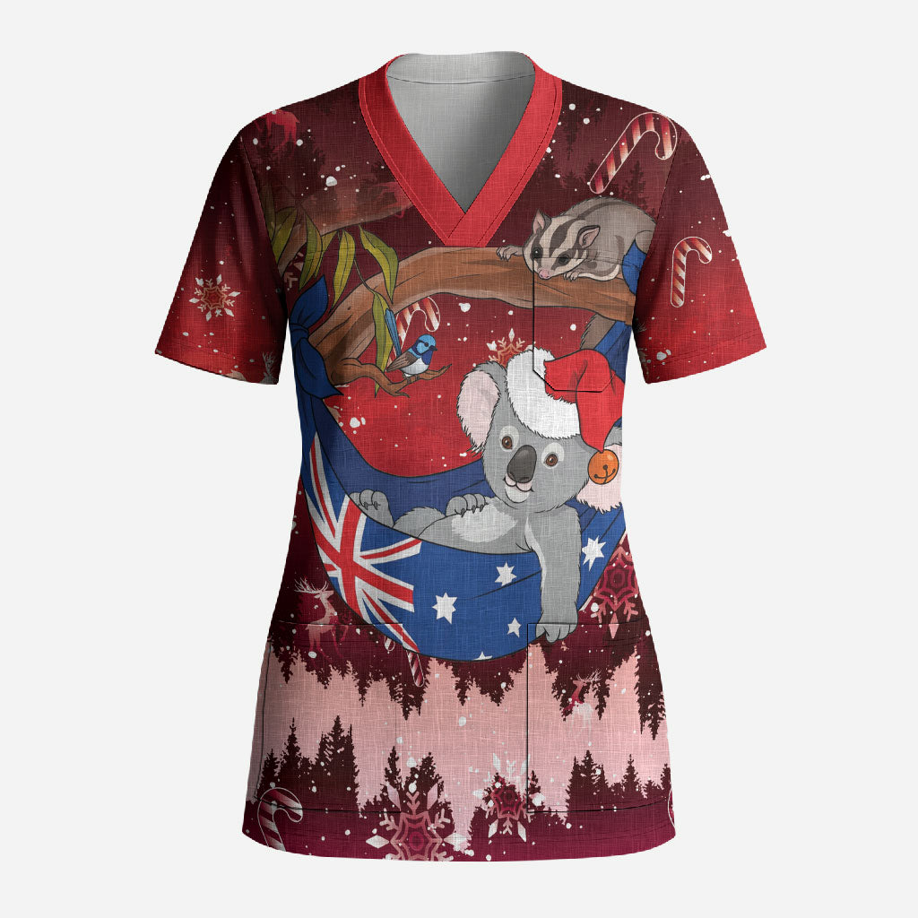 Aussie Festive Koala Christmas Scrub Top Koala-ty Time Flag Hammock Red Style