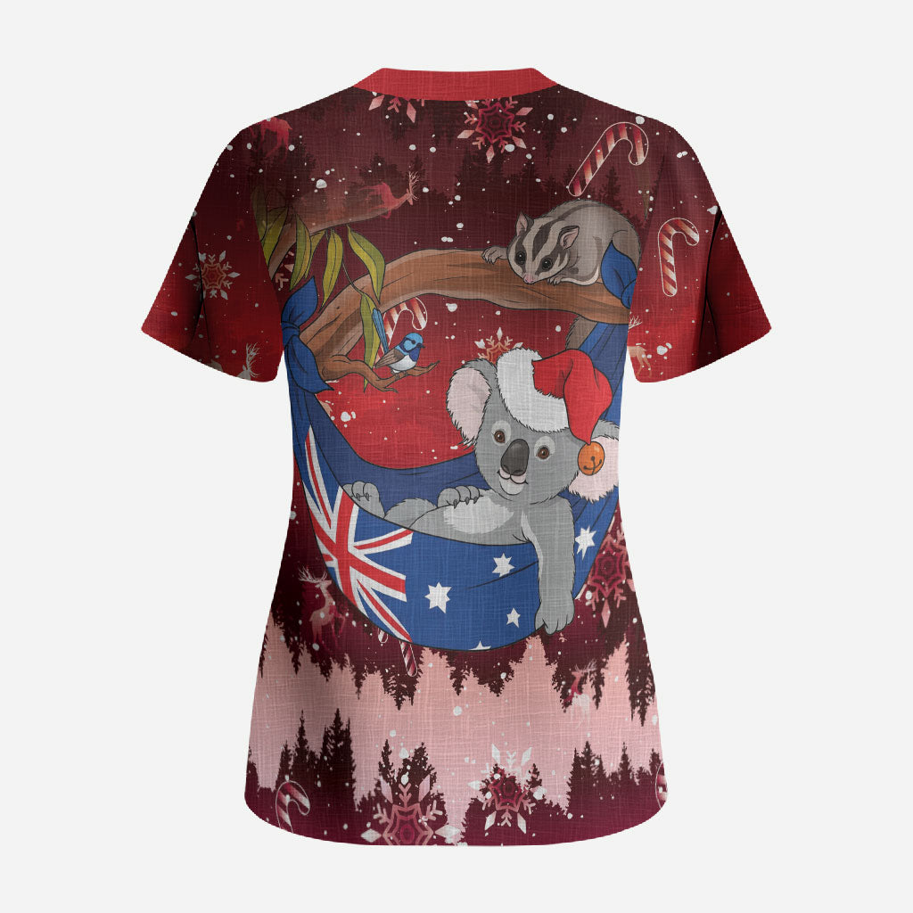 Aussie Festive Koala Christmas Scrub Top Koala-ty Time Flag Hammock Red Style