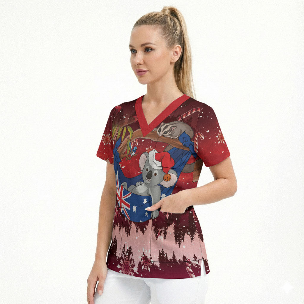 Aussie Festive Koala Christmas Scrub Top Koala-ty Time Flag Hammock Red Style