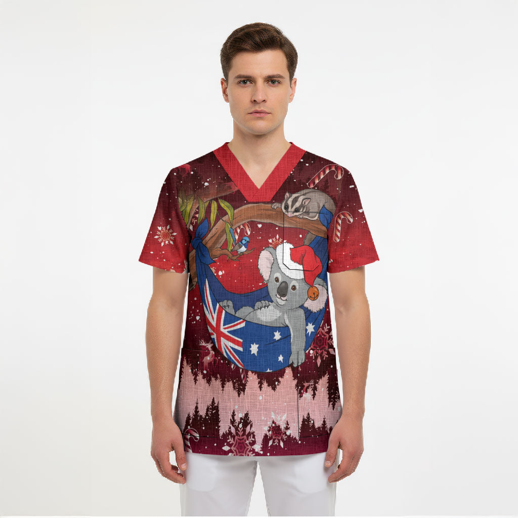 Aussie Festive Koala Christmas Scrub Top Koala-ty Time Flag Hammock Red Style
