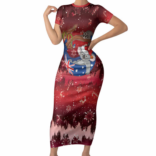 Aussie Festive Koala Christmas Short Sleeve Bodycon Dress Koala-ty Time Flag Hammock Red Style