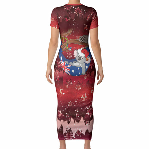 Aussie Festive Koala Christmas Short Sleeve Bodycon Dress Koala-ty Time Flag Hammock Red Style