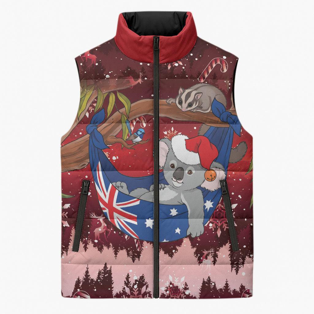 Aussie Festive Koala Christmas Sleeveless Puffer Jacket Koala-ty Time Flag Hammock Red Style