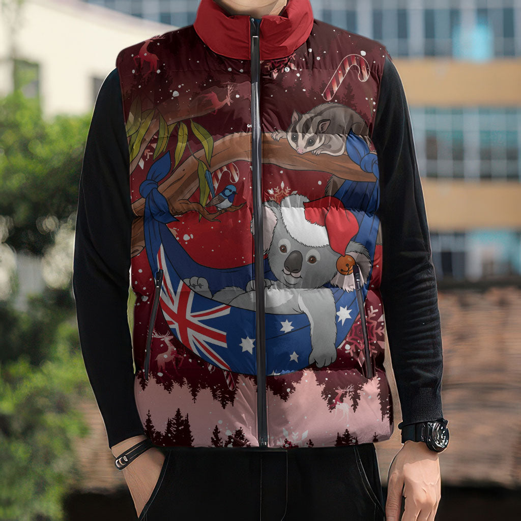 Aussie Festive Koala Christmas Sleeveless Puffer Jacket Koala-ty Time Flag Hammock Red Style