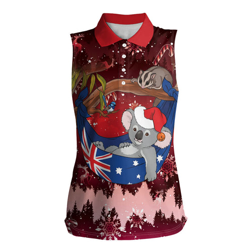 Aussie Festive Koala Christmas Women Sleeveless Polo Shirt Koala-ty Time Flag Hammock Red Style