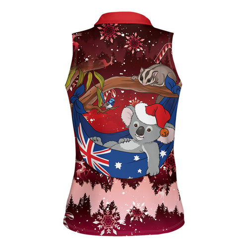Aussie Festive Koala Christmas Women Sleeveless Polo Shirt Koala-ty Time Flag Hammock Red Style