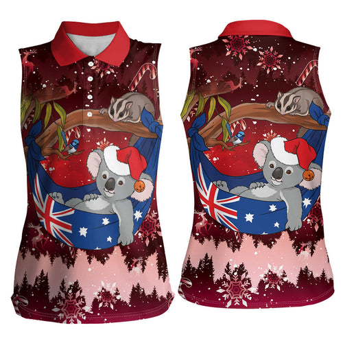 Aussie Festive Koala Christmas Women Sleeveless Polo Shirt Koala-ty Time Flag Hammock Red Style