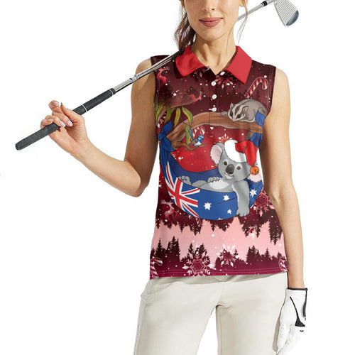 Aussie Festive Koala Christmas Women Sleeveless Polo Shirt Koala-ty Time Flag Hammock Red Style