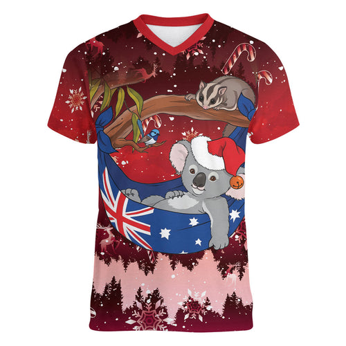 Aussie Festive Koala Christmas Women V-Neck T-Shirt Koala-ty Time Flag Hammock Red Style